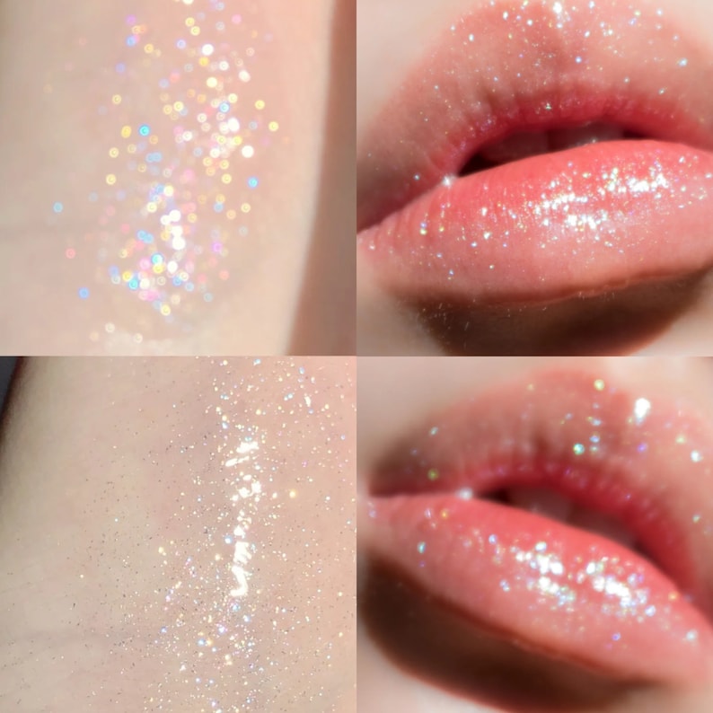May include: Close-up of a clear lip gloss with iridescent glitter. The gloss is applied to lips, showing a shiny, sparkly finish.