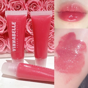 Brillo de labios rosa rosado con purpurina, hecho a mano y vegano.