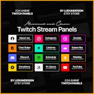May include: A set of 12 colorful Twitch stream panels with a minimalist design. The panels feature icons and text such as "About Me", "Chat Rules", "Discord", "Donations", "Instagram", "Linktree", "Schedule", "Socials", "Subscribe", "Wishlist", "Pc Specs", and "YouTube". The panels are designed to be used on Twitch to help viewers navigate the streamer's content.
