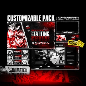 CUSTOMIZABLE Anime Stream Pack (NOW ANIMATED) / Dark Anime Twitch Pack / Animated Overlays, 2 Transitions, 48 Panels, 2 Facecams, Banner...