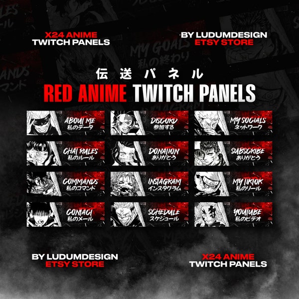 Red Anime Twitch Panels (x24) / Dark Anime Twitch Pack / Stream Panels Pack / Twitch, Stream, Dark Anime, Red, Pack, Hd & Ready to Use