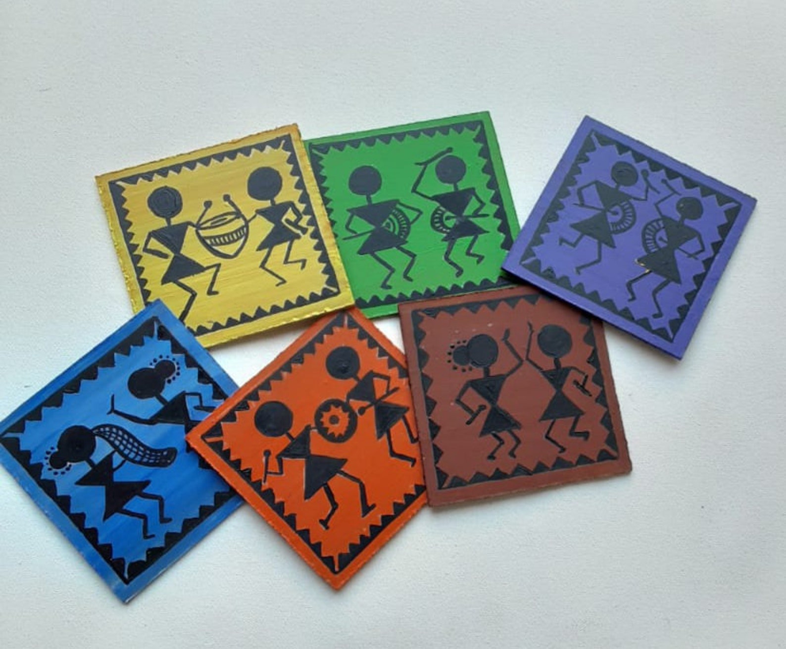 Warli Painted Set of Six Coasters Etsy