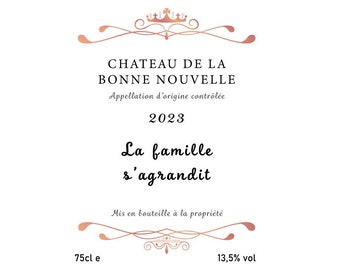 Pregnancy announcement French / English / Italiano - Wine bottle label - Crown - Original pregnancy announcement