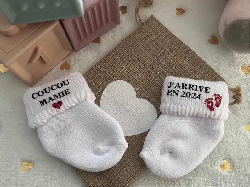 Original pregnancy announcement, baby socks, dad, grandpa, grandma, uncle, aunt, godfather, godmother image 2