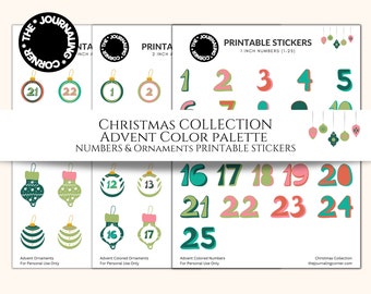 Advent Numbers & Ornaments Printable Stickers, Advent Calendar, Advent Ornaments, Advent Color Palette, Christmas Collection