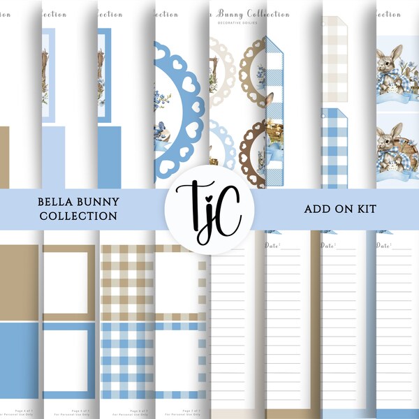 Bella Bunny collectie, Add On Kit, kaarten en zakken, decoratieve kleedjes, decoratieve tags, journaling kaarten, briefpapier, Instant Download