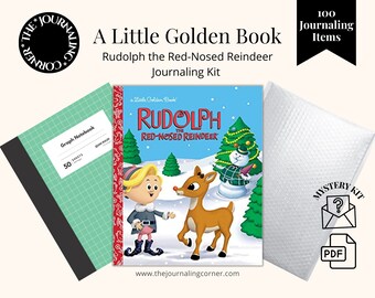 A Little Golden Book, Rudolph the Red Nosed Reindeer, Children's Book, Used Condition, Graph Notebook, Junk Journal Mystery Kit Bundle