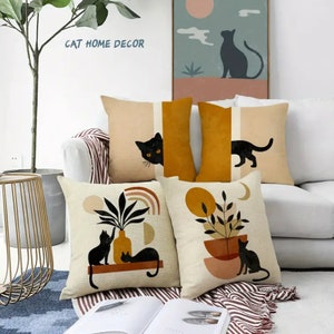 Set of four Boho-style pillowcases, beige and red pillows with a black cat&#39;s, stylish decoration for home, living room.