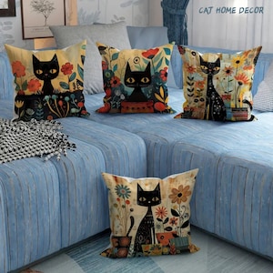 Schwarze Katze Kissenbezüge - 4er Set, Elegantes Dekokissen, Bedruckter Kissenbezug, Tierkissen, Home Deco für Tierliebhaber