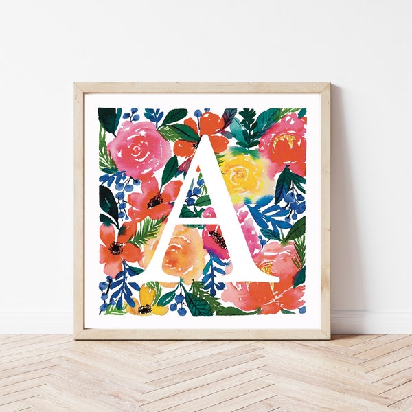 Watercolour Floral Monogram Wall Art | Digital Download | Floral Letter Nursery Decor, Baby Girl, Pink Initial Art