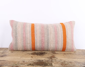 Vintage Hemp Kilim Lumbar Pillow Cover, Turkish Boho Decor (12x24)