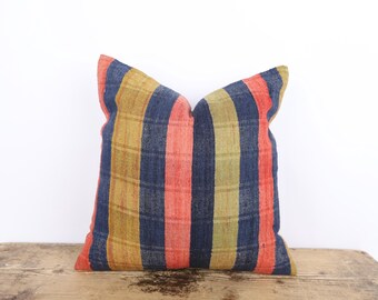 Handmade Hemp Kilim Pillow Cover, Orange Striped Throw Pillow (18x18)