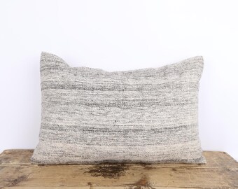 Vintage Hemp Kilim Pillow, Striped Boho Throw Pillow (16x24)