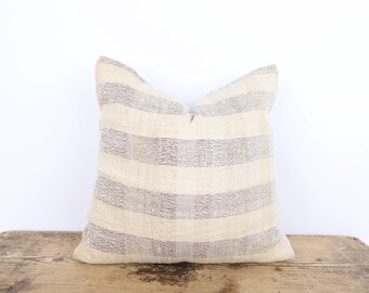 Handmade Turkish Hemp Kilim Pillow Cover, Neutral Stripes (18x18)