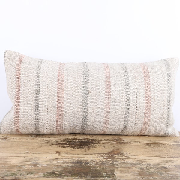 Natural Kilim Pillow, Turkish Kilim Pillow, Hemp Kilim Pillow, Kilim Lumbar, 12x24 Pillow Cover, Decorative Pillow, Wool Cushion Cover