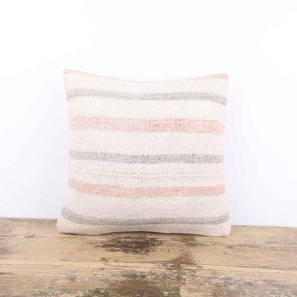 Neutral Decor, 16x16 Turkish Kilim Pillow, Hemp Kilim Pillow, Anatolian Accent Pillow, Livingroom Decor, Wool Cushion Cover, Sofa Pillow