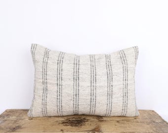 Hemp Kilim Pillow Cover, Turkish Wool Cushion, Boho Livingroom Decor (16x24)