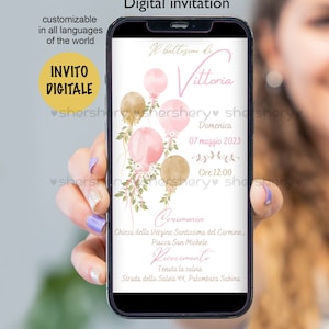 Battesimo invito digitale, Inviti personalizzati bimba, digitale invito battesim bimba, invito whatsapp battesimo palloncini, palloncino