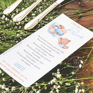 May include: A light blue and brown baby shower invitation with a teddy bear holding balloons. The text reads "Il Battesimo di Riccardo" and "Grazie per aver condiviso con noi questo giorno importante."