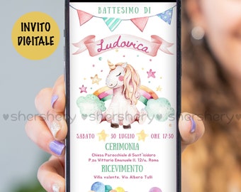 Invito digitale battesimo bambina tema UNICORNO, invito compleanno unicorno digitale, festa tema unicorni