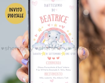 Invito digitale battesimo bambina tema ELEFANTINO, Invitobattesimo tema elefante, battesimo tema elefante e arcobaleno, invito whatsapp