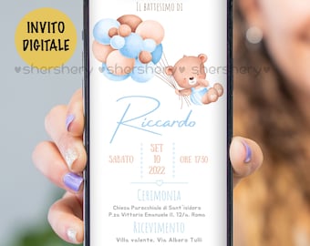 Annuncio battesimo orsetto, Invito orsetto, battesimo tema orso con palloncinno,invito whatsapp battesimo orsetto, invito festa orsetto