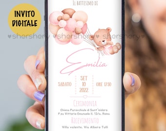 Battesimo invito digitale, Invito orsetto bimba, digitale invito battesim, invito whatsapp battesimo orsetto rosa, inviti battesimo bimba