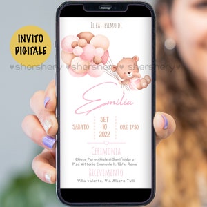 Battesimo invito digitale, Invito orsetto bimba, digitale invito battesim, invito whatsapp battesimo orsetto rosa, inviti battesimo bimba