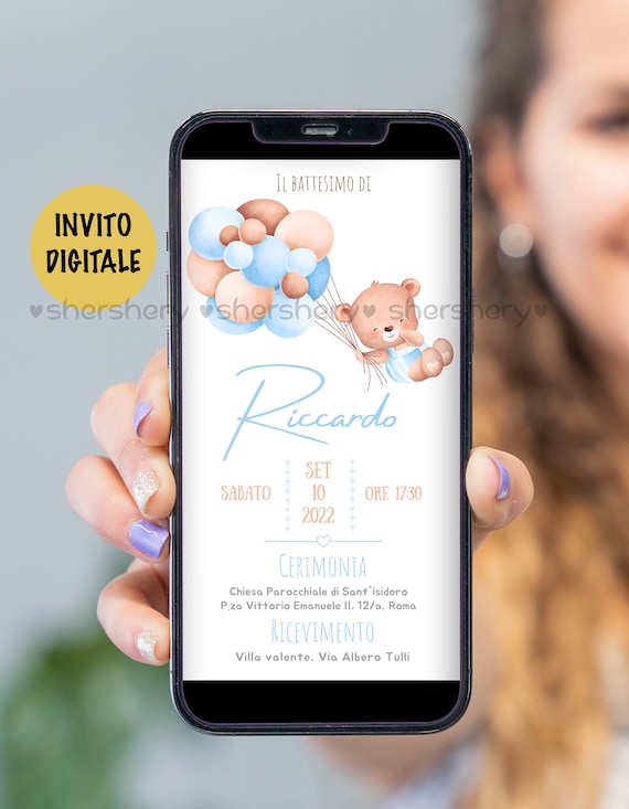 Annuncio battesimo orsetto, Invito orsetto, battesimo tema orso con palloncinno,invito whatsapp battesimo orsetto, invito festa orsetto