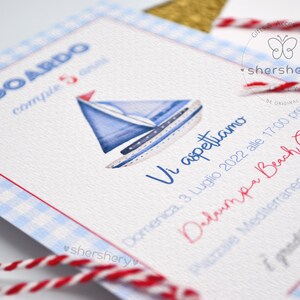 May include: A blue and white invitation with a sailboat illustration. The text reads "Edoardo compie 5" and "Vi aspettiamo Domenica, 3 Luglio 2022 alle 17:00 presso Dedarmpa Beach Club Plazzale Mediterraneo, Fiumicino RM".