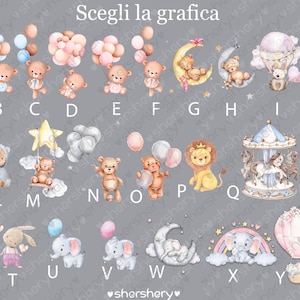 May include: A chart with 26 alphabet letters, each letter is paired with a different illustration. The illustrations include a teddy bear, a hot air balloon, a carousel, a rainbow, a moon, a star, and an elephant. The chart is on a gray background.