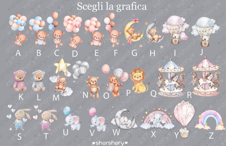 May include: A chart with 26 alphabet letters, each letter is paired with a different illustration. The illustrations include a teddy bear, a hot air balloon, a carousel, a rainbow, a moon, a star, and an elephant. The chart is on a gray background.