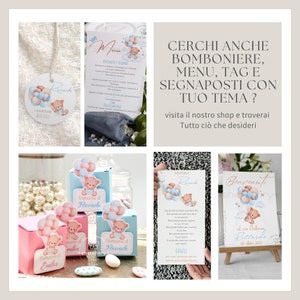 May include: A collection of baby shower party decorations featuring a blue and pink color scheme with a teddy bear theme. The decorations include a menu, favor boxes, a welcome sign, and a tag. The text on the decorations reads "Battesimo di Riccardo" and "Benvenuti al mio Battesimo Riccardo".