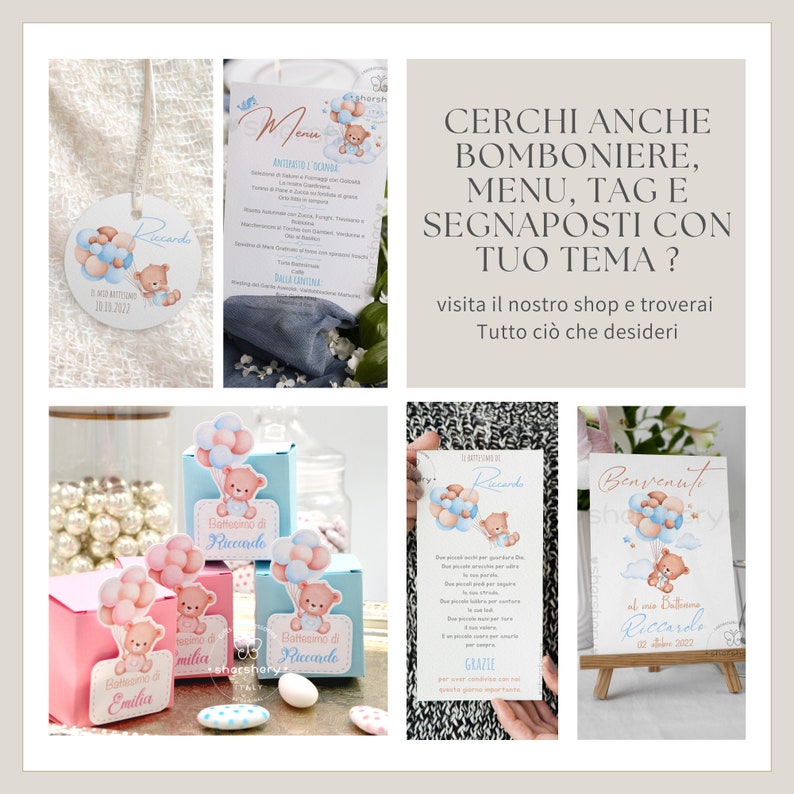 May include: A collection of baby shower party decorations featuring a blue and pink color scheme with a teddy bear theme. The decorations include a menu, favor boxes, a welcome sign, and a tag. The text on the decorations reads "Battesimo di Riccardo" and "Benvenuti al mio Battesimo Riccardo".