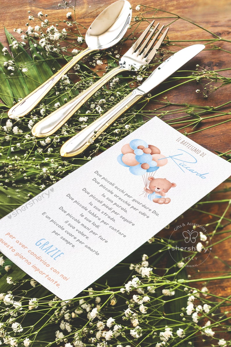 May include: A light blue and brown baby shower invitation with a teddy bear holding balloons. The text reads "Il Battesimo di Riccardo" and "Grazie per aver condiviso con noi questo giorno importante."