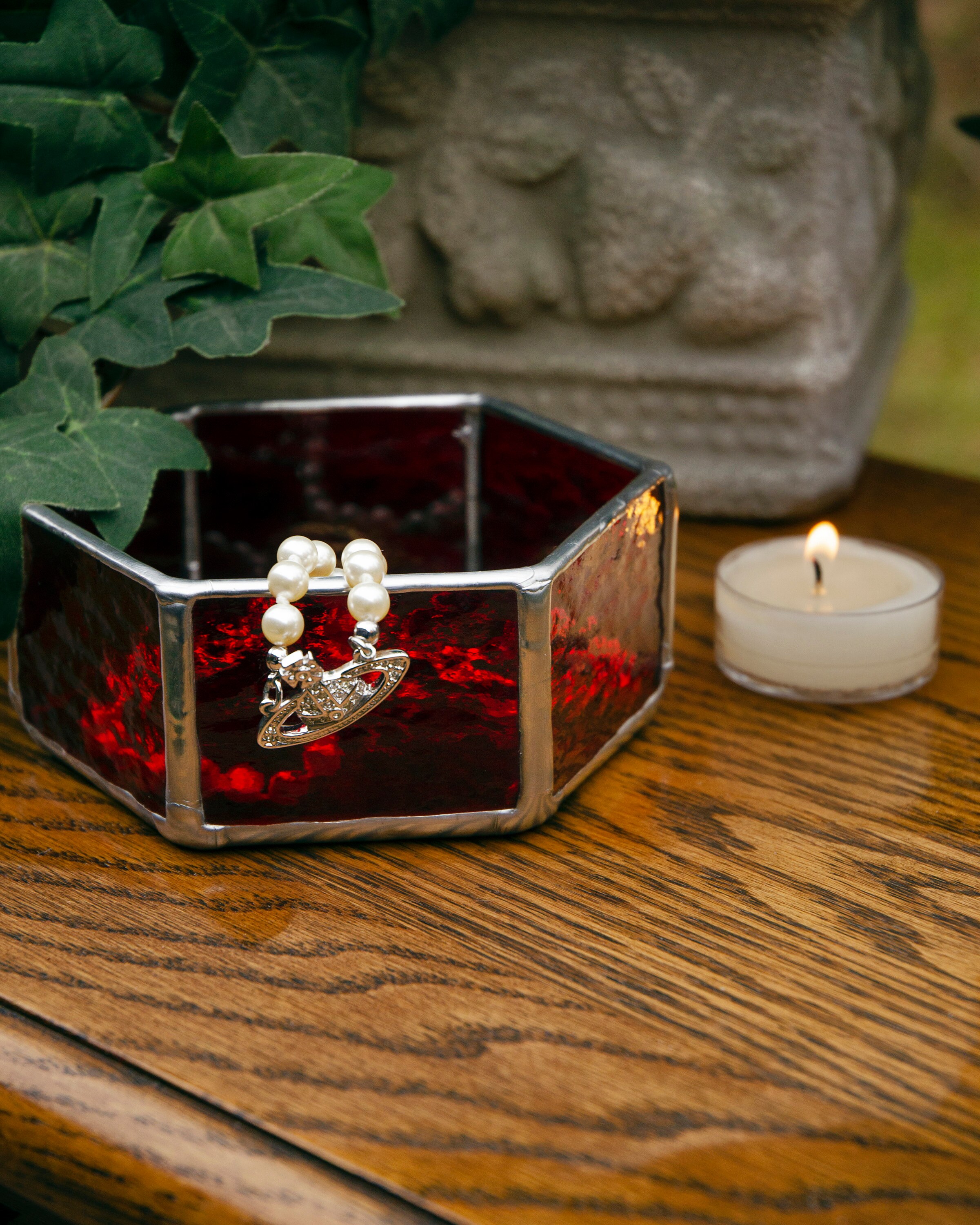 Red Stained Glass Dish/ Jewelry Dish/ Trinket Dish/ Candle Holder