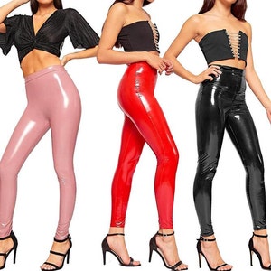 Womens Shiny Metallic High Waisted Stretchy Shorts Wet Look Yoga Dance Sparkly Hot Faux Leather Pants Club Wear