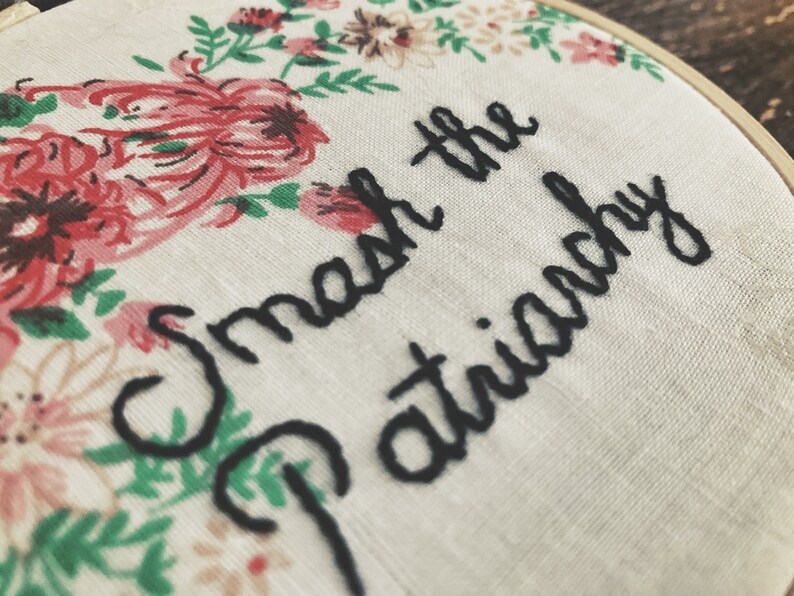 Feminist Embroidery Smash the Patriarchy Floral Needlework Political Wall Art Embroidered on Vintage Fabric LGBTQ Art image 3