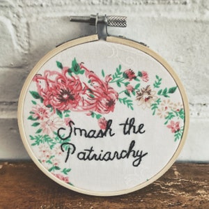 Feminist Embroidery Smash the Patriarchy Floral Needlework Political Wall Art Embroidered on Vintage Fabric LGBTQ Art image 4