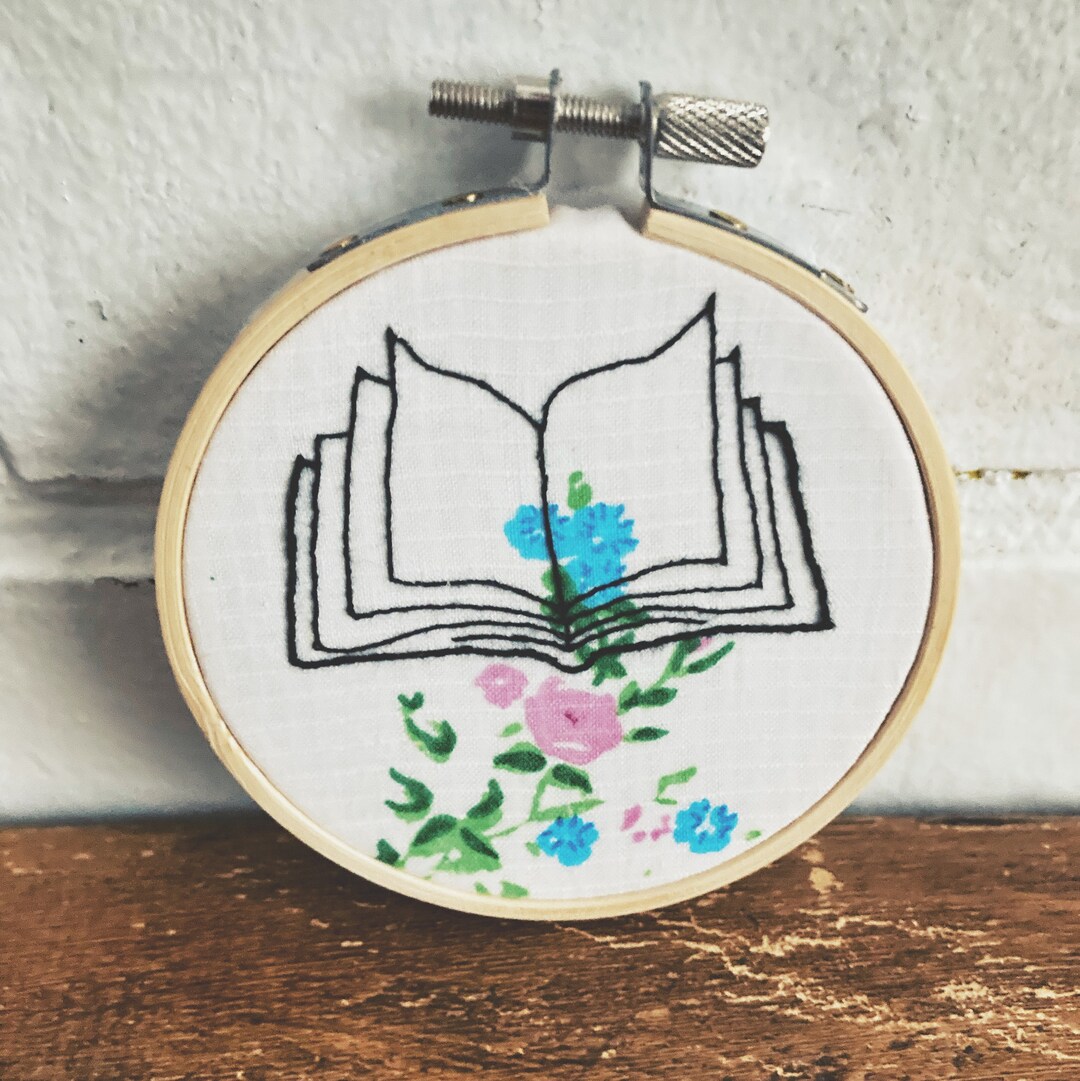 Book Embroidery - Book Lover Art Hand Embroidered on Vintage Flower ...