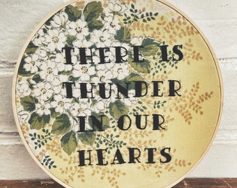 Stranger Things Art - Kate Bush Hand Embroidery - Hounds of Love - Vintage Fabric - There Is Thunder In Our Hearts - Song Lyrics Embroidery