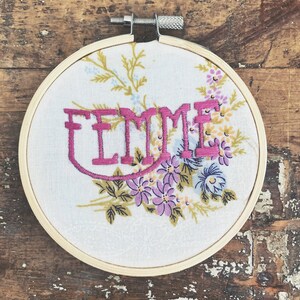 Floral Femme Embroidery - Queer Femme Pride - LGBTQ+ Hand Embroidered on Vintage Fabric