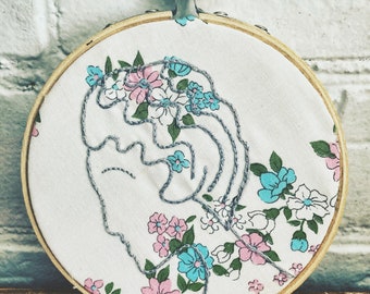 Flapper Lady Hand Embroidery - Vintage Fashion Woman in Profile- Minimalist Hand Embroidered on Vintage Fabric