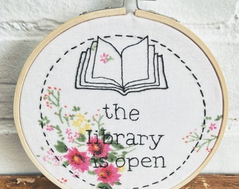 Drag Race Art - Modern Hand Embroidery on Vintage Fabric - Floral Embroidery - LGBTQ Art - The Library Is Open - Bookish Art