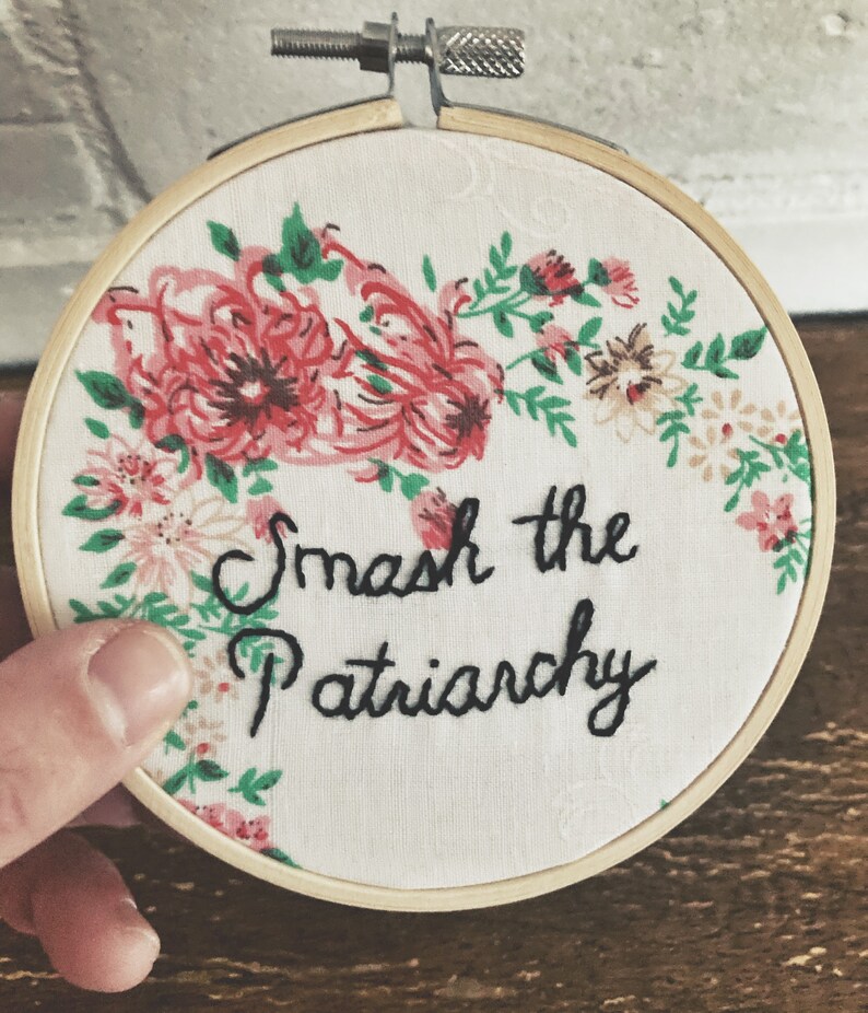 Feminist Embroidery Smash the Patriarchy Floral Needlework Political Wall Art Embroidered on Vintage Fabric LGBTQ Art image 2