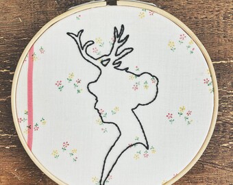 Lady with Antlers- Hand Embroidery - Vintage Fashion Woman in Profile - Minimalist Hand Embroidered on Vintage Fabric - Nursery Art