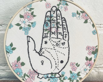 Palmistry Hand Embroidery - Antique Witchy Fortune Teller Hand Illustration Hand Embroidered on Vintage Fabric