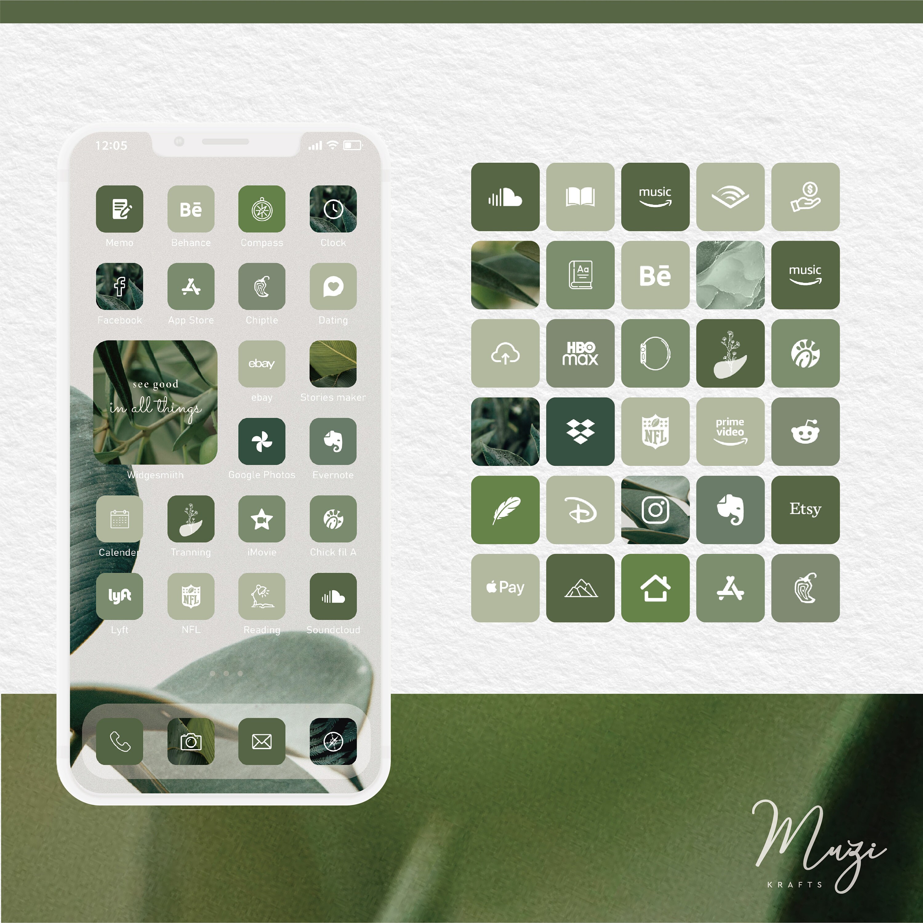 Olive green iPhone iOS 14 iconos de la aplicación paquete de Etsy