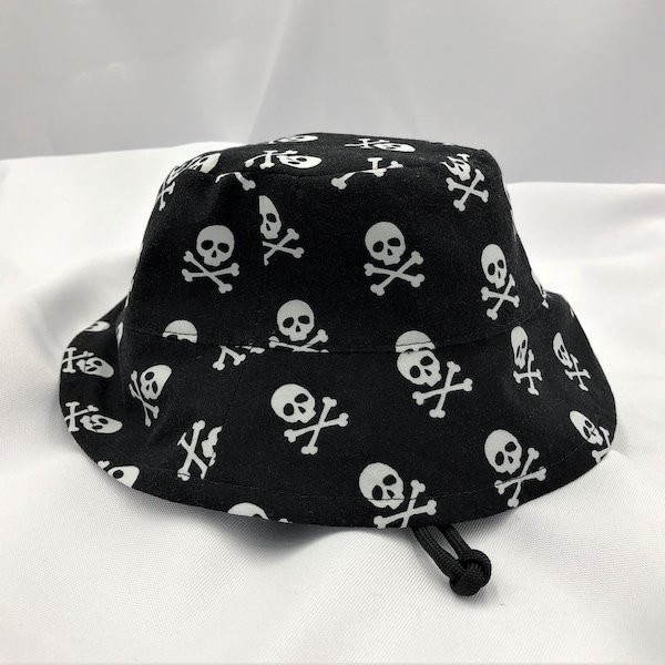 Skull and Crossbones Bucket Hat Boy Hat Girl Hat Sunhat with Brim Chin Tie Cotton Black White Skull Hat