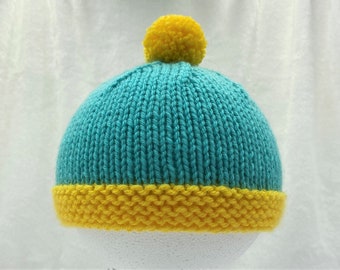 Cartman Hat South Park ALL SIZES Eric Cartman Knit Hat Turquoise Yellow Pompom